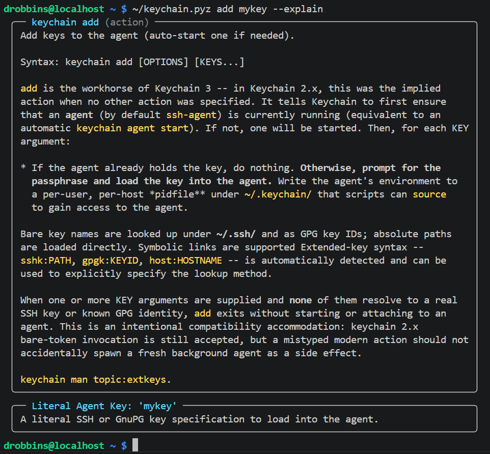 Keychain explain mode showing the add action documentation and argument interpretation.