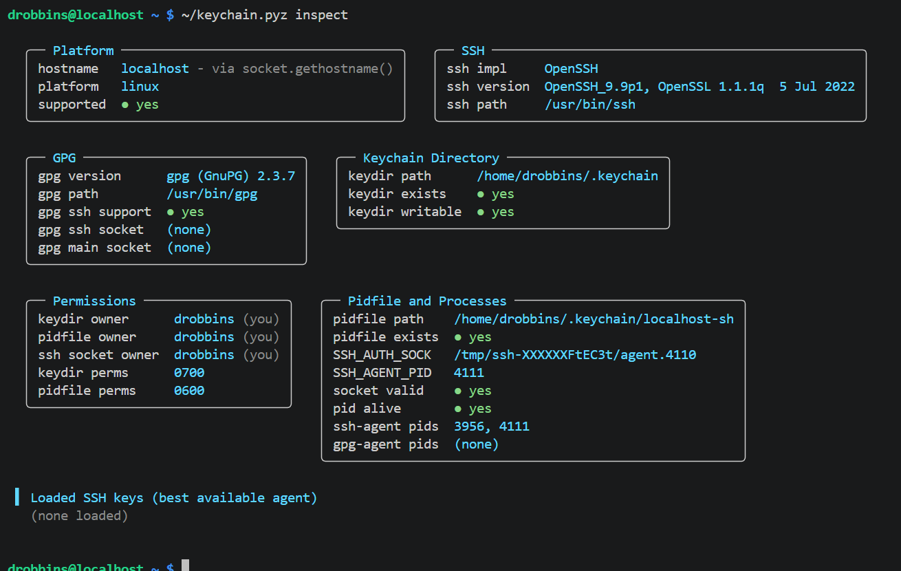 Keychain inspect mode showing platform, SSH, GPG, permissions, and pidfile state.