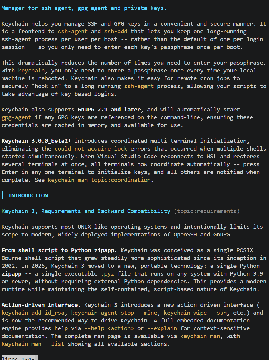 Keychain 3.0.0_beta3 manual output showing the integrated documentation system and introduction section.